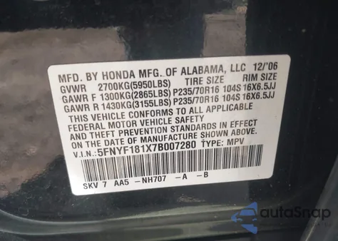 2007 Honda Pilot Lx из США, поврежденный, VIN 5FNYF181X7B007280